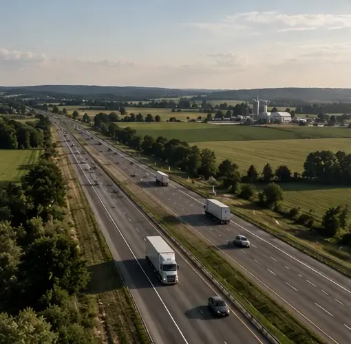 Trucks on a highway through farmland