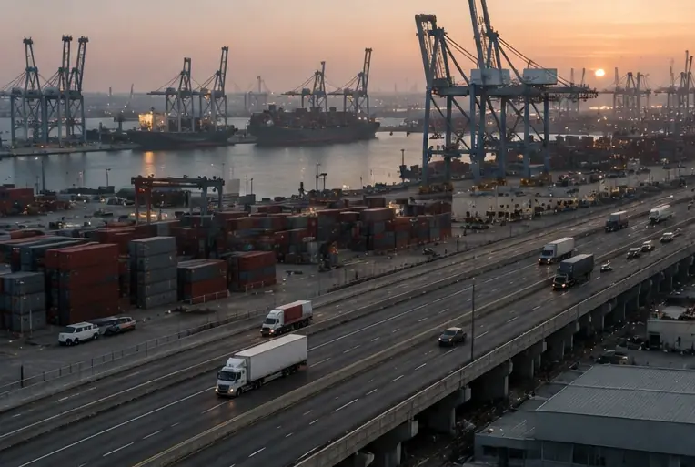 Trucks on an elevated highway beside a container port at sunset